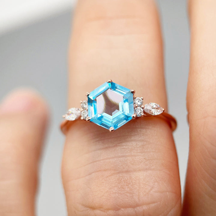 Vintage Hexagon Swiss Blue Topaz Engagement Ring 14k Rose White Gold or Sterling Silver Anniversary Promise Wedding Ring Gift For Women - ShainJewelry
