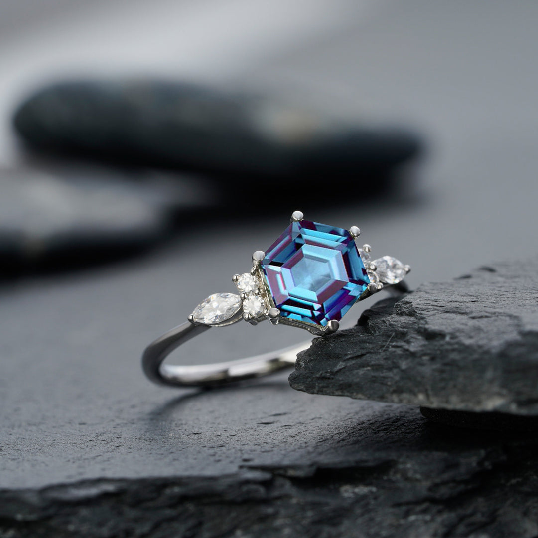 Platinum Hexagon Alexandrite Engagement Ring, Unique 14K White Gold Wedding Ring, Silver June Birthstone Anniversary Promise Ring For Women - ShainJewelry