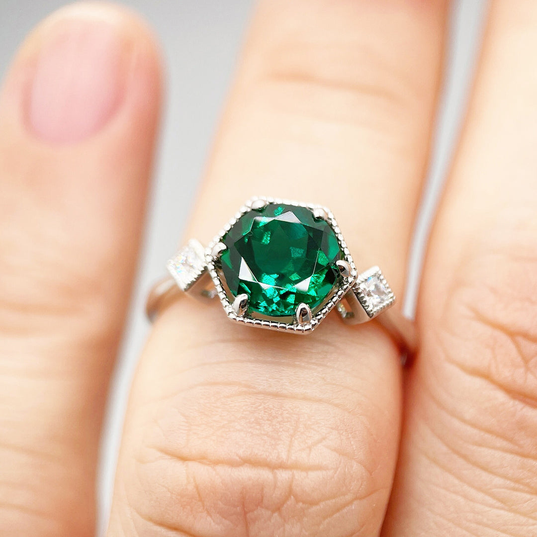 Hexagonal Emerald Engagement Ring, Vintage 2 CT Emerald Wedding Ring, Round Cut May Birthstone Anniversary Promise Ring, 14k White Gold Ring - ShainJewelry