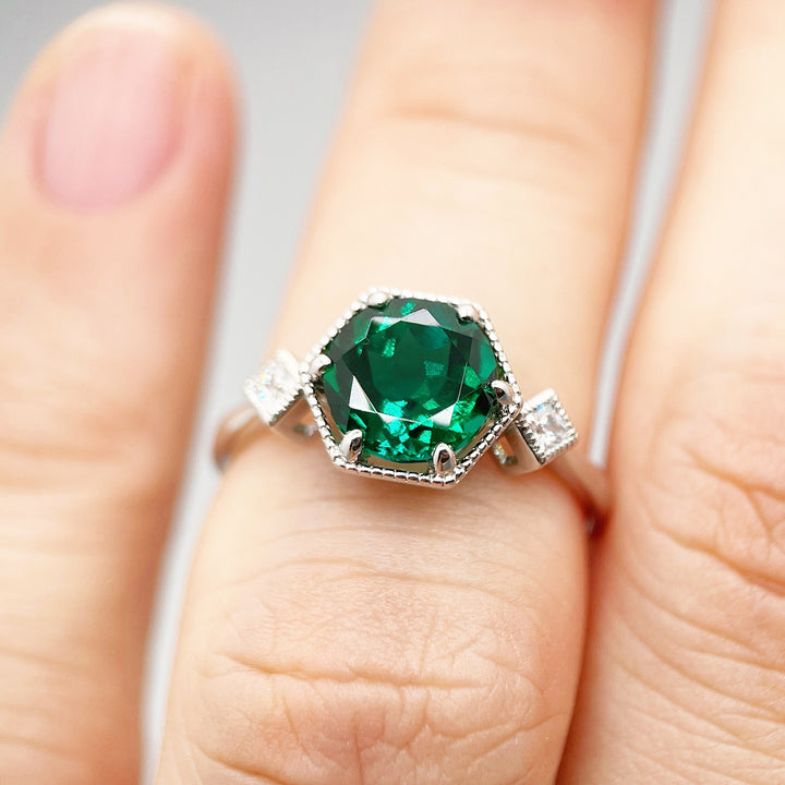 Hexagonal Emerald Engagement Ring, Vintage 2 CT Emerald Wedding Ring, Round Cut May Birthstone Anniversary Promise Ring, 14k White Gold Ring - ShainJewelry