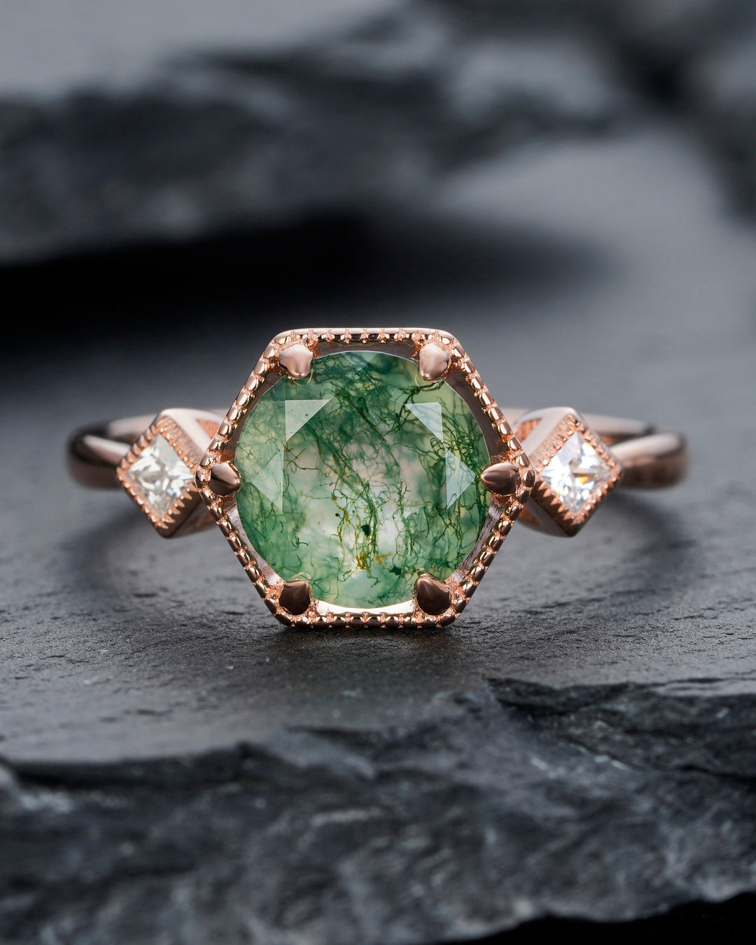 Vintage Moss Agate Engagement Ring, Sterling Silver Moss Agate Anniversary Promise Ring,14K Rose Gold Unique Agate Wedding Ring for Women - ShainJewelry