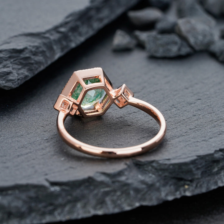 Vintage Moss Agate Engagement Ring, Sterling Silver Moss Agate Anniversary Promise Ring,14K Rose Gold Unique Agate Wedding Ring for Women - ShainJewelry