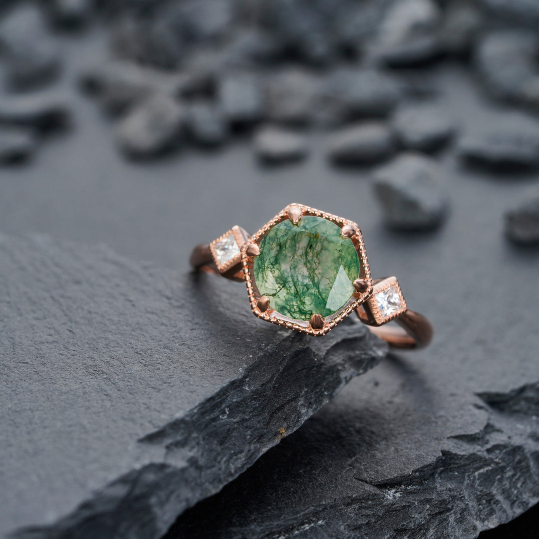 Vintage Moss Agate Engagement Ring, Sterling Silver Moss Agate Anniversary Promise Ring,14K Rose Gold Unique Agate Wedding Ring for Women - ShainJewelry
