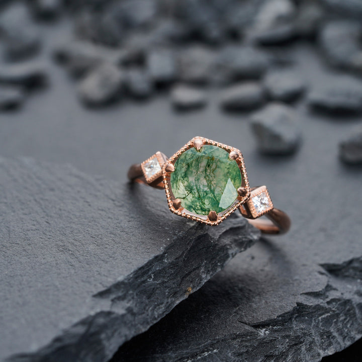 Vintage Moss Agate Engagement Ring, Sterling Silver Moss Agate Anniversary Promise Ring,14K Rose Gold Unique Agate Wedding Ring for Women - ShainJewelry
