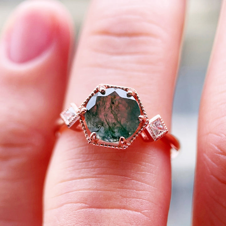 Vintage Moss Agate Engagement Ring, Sterling Silver Moss Agate Anniversary Promise Ring,14K Rose Gold Unique Agate Wedding Ring for Women - ShainJewelry