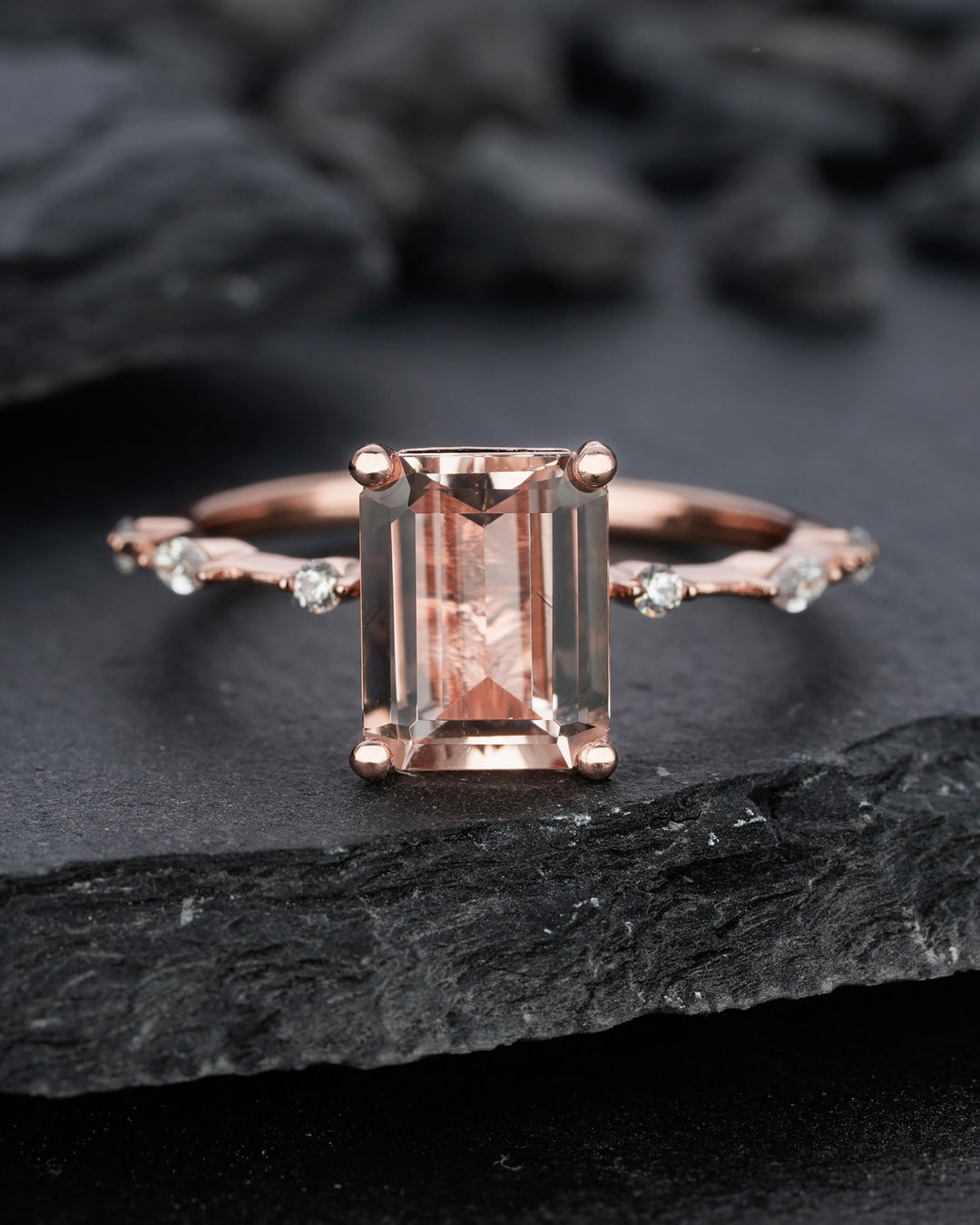 Vintage 3 Carat Pink Morganite Engagement Ring, Unique Emerald Cut Wedding Ring, Peach Morganite Promise Ring,14k Rose Gold Anniversary Ring - ShainJewelry
