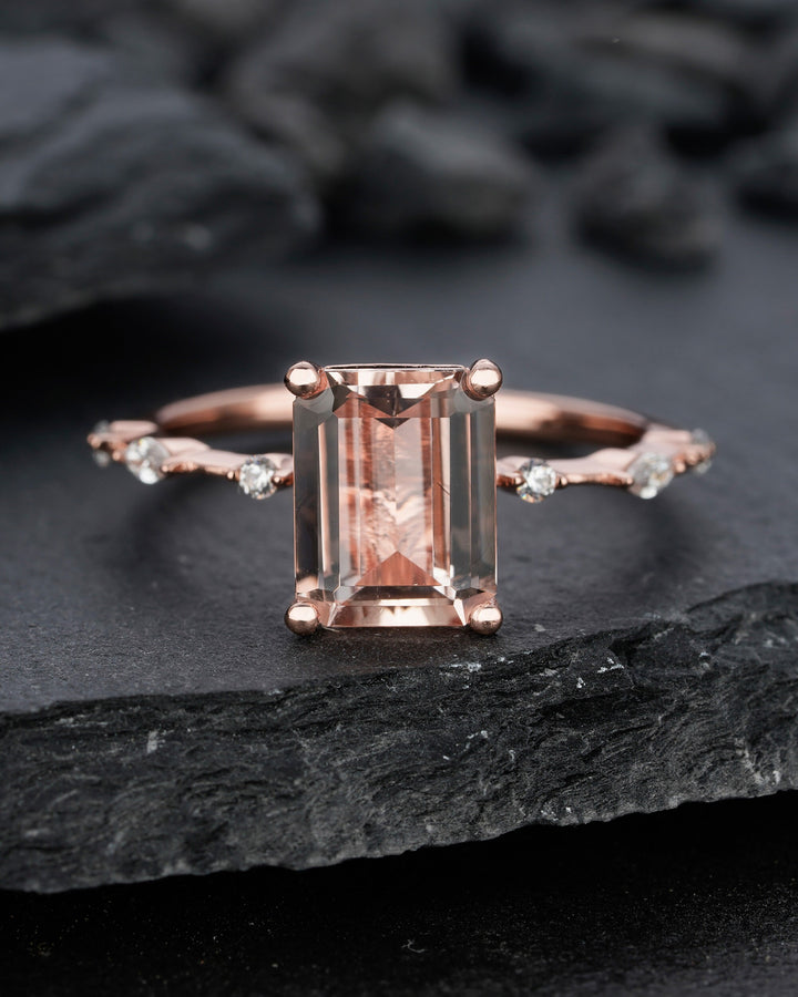 Vintage 3 Carat Pink Morganite Engagement Ring, Unique Emerald Cut Wedding Ring, Peach Morganite Promise Ring,14k Rose Gold Anniversary Ring - ShainJewelry