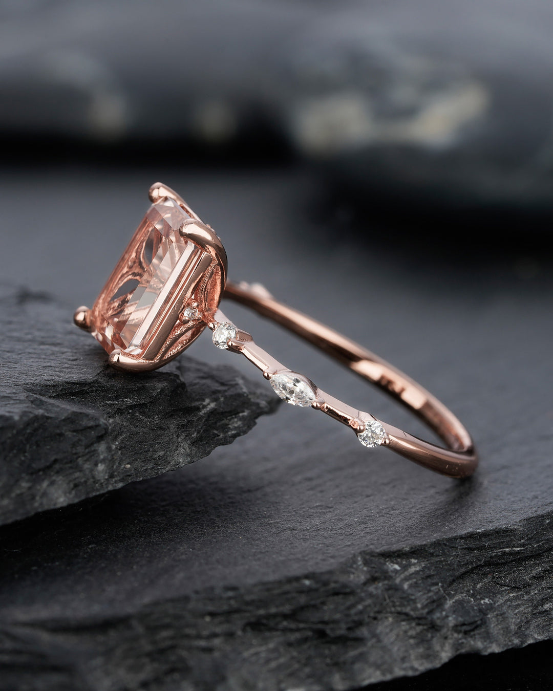 Vintage 3 Carat Pink Morganite Engagement Ring, Unique Emerald Cut Wedding Ring, Peach Morganite Promise Ring,14k Rose Gold Anniversary Ring - ShainJewelry