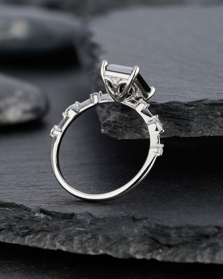 Vintage 3 Carat Black Moissanite Engagement Ring, 14k Rose Gold /Silver 925 Moissanite Wedding Ring, Emerald Cut Moissanite Promise Ring - ShainJewelry