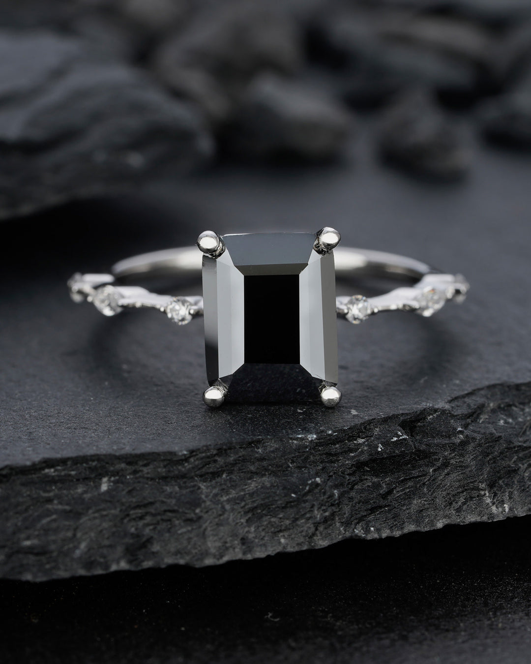 Vintage 3 Carat Black Moissanite Engagement Ring, 14k Rose Gold /Silver 925 Moissanite Wedding Ring, Emerald Cut Moissanite Promise Ring - ShainJewelry