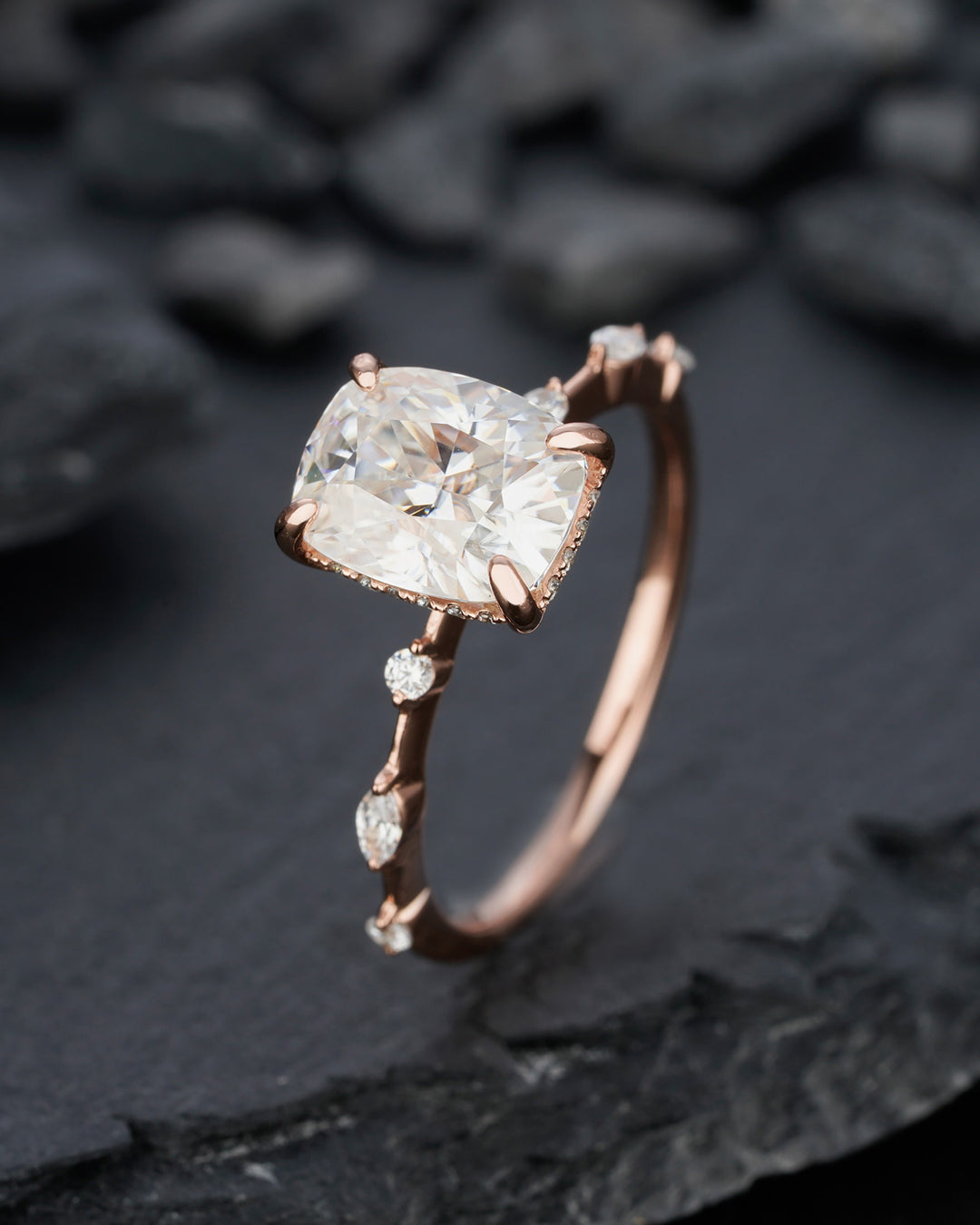 Vintage 3 Carat Moissanite Engagement Ring, 14k Rose Gold Moissanite Hidden Halo Wedding Ring, Unique Cushion Cut Moissanite Promise Ring - ShainJewelry