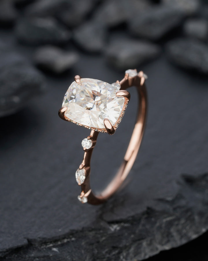 Vintage 3 Carat Moissanite Engagement Ring, 14k Rose Gold Moissanite Hidden Halo Wedding Ring, Unique Cushion Cut Moissanite Promise Ring - ShainJewelry