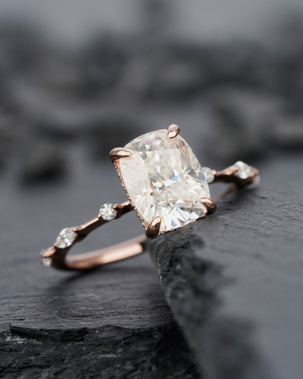 Vintage 3 Carat Moissanite Engagement Ring, 14k Rose Gold Moissanite Hidden Halo Wedding Ring, Unique Cushion Cut Moissanite Promise Ring - ShainJewelry