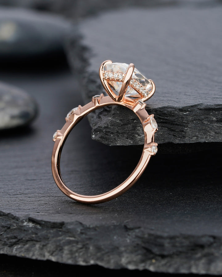 Vintage 3 Carat Moissanite Engagement Ring, 14k Rose Gold Moissanite Hidden Halo Wedding Ring, Unique Cushion Cut Moissanite Promise Ring - ShainJewelry