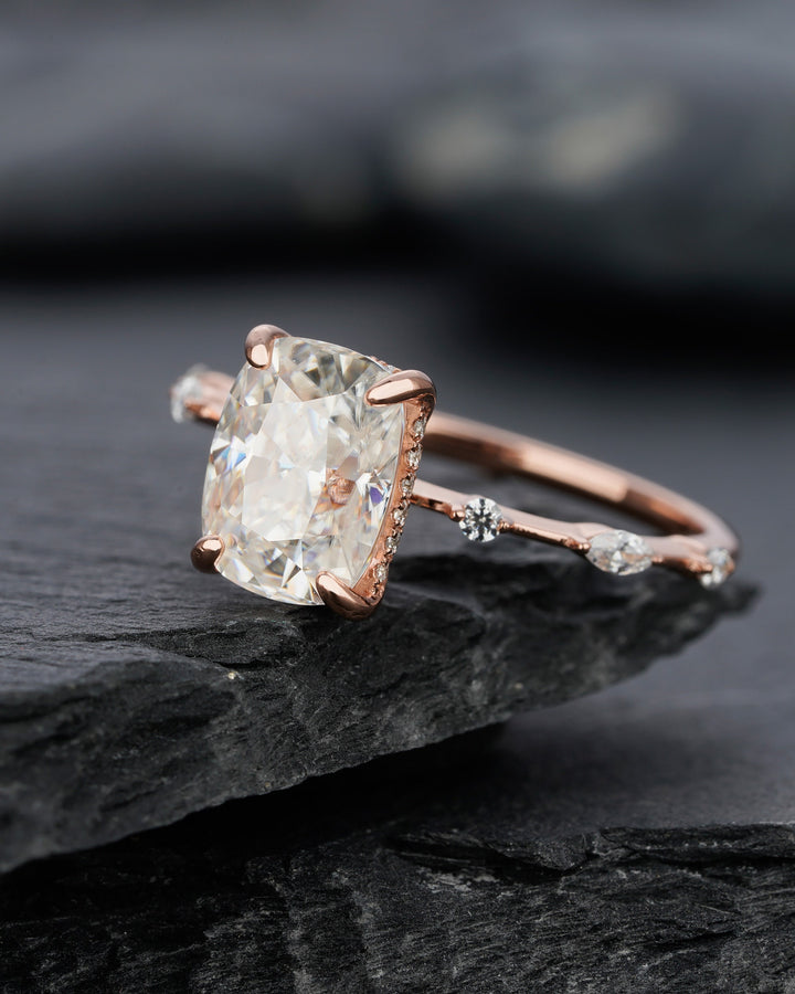 Vintage 3 Carat Moissanite Engagement Ring, 14k Rose Gold Moissanite Hidden Halo Wedding Ring, Unique Cushion Cut Moissanite Promise Ring - ShainJewelry