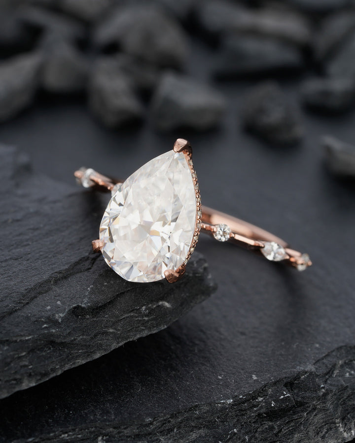 Vintage 4 Carats Large Pear Moissanite Engagement Ring Unique Rose Gold Moissanite Hidden Halo Wedding Ring Teardrop Moissanite Promise Ring - ShainJewelry