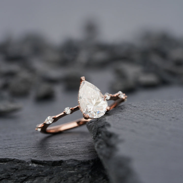 Vintage 2 Carats Pear Shaped Moissanite Engagement Ring, Rose Gold Moissanite Hidden Halo Wedding Ring, Teardrop Moissanite Promise Ring - ShainJewelry