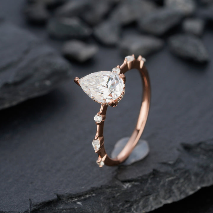Vintage 2 Carats Pear Shaped Moissanite Engagement Ring, Rose Gold Moissanite Hidden Halo Wedding Ring, Teardrop Moissanite Promise Ring - ShainJewelry