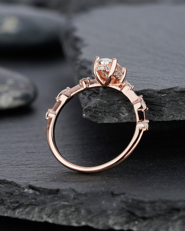 Vintage Oval Moissanite Engagement Ring, 14K Rose Gold Hidden Halo Moissanite Wedding Ring, Unique Colorless Moissanite Promise Ring for her - ShainJewelry