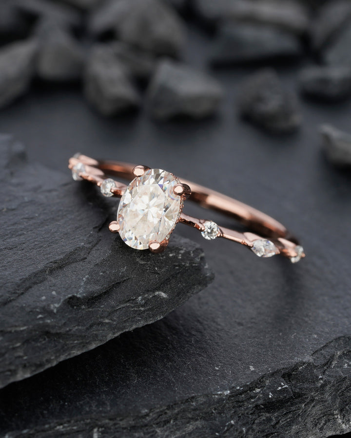 Vintage Oval Moissanite Engagement Ring, 14K Rose Gold Hidden Halo Moissanite Wedding Ring, Unique Colorless Moissanite Promise Ring for her - ShainJewelry