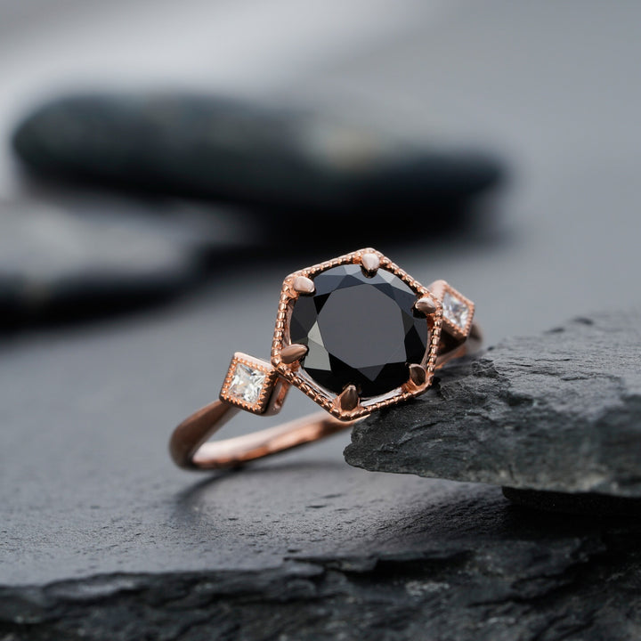 Hexagon Black Spinel Engagement Ring, Vintage 14K Rose Gold Spinel Promise Ring, Black Gemstone Silver Wedding Anniversary Ring Gift for Her - ShainJewelry