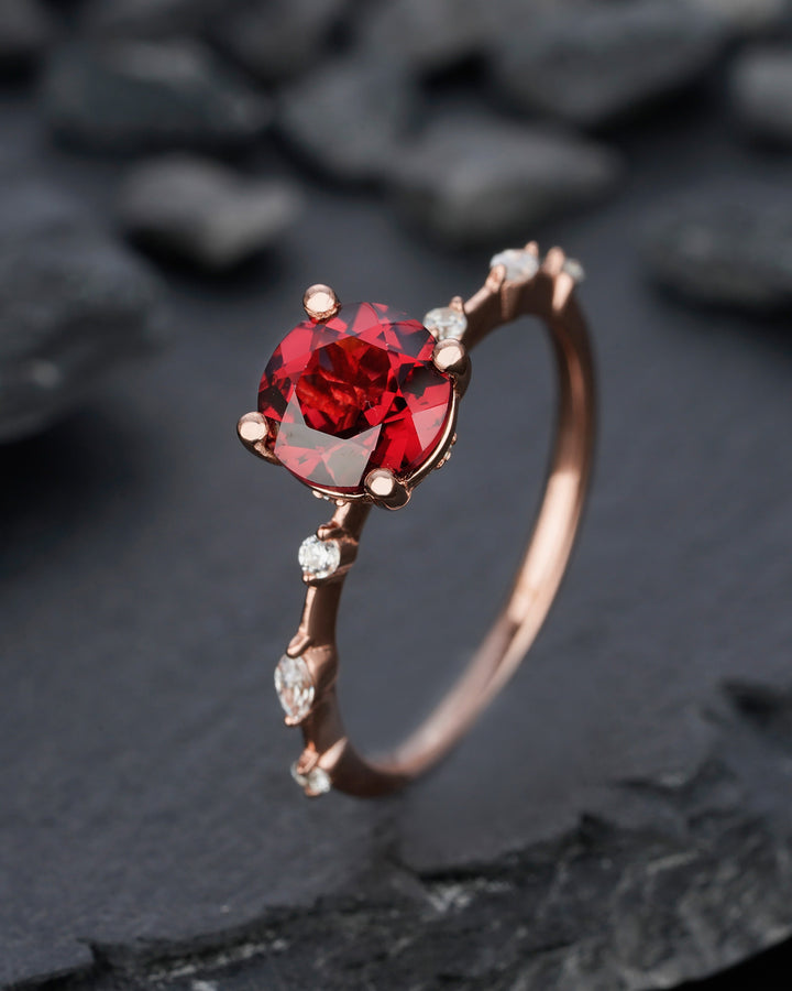 Unique Round Red Garnet Engagement Ring, Vintage January Birthstone Sterling Silver 14K Rose Gold Garnet Wedding Promise Ring Gift For Her - ShainJewelry