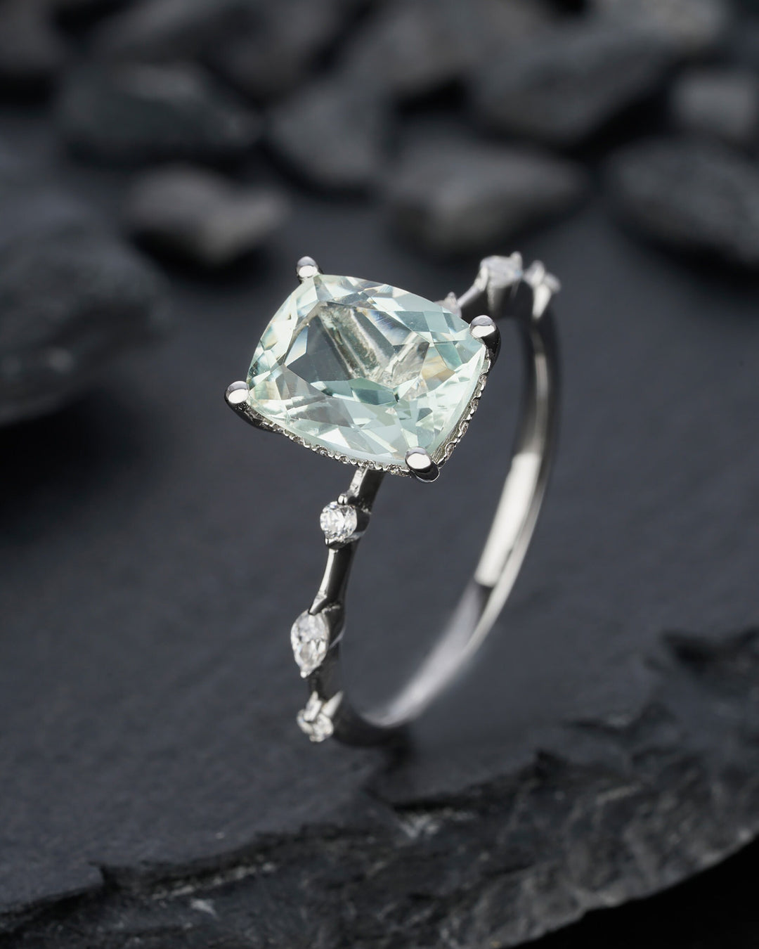 Vintage Cushion Cut Green Crystal Quartz Engagement Ring Unique White Gold Sterling Silver 925 Wedding Promise Anniversary Ring Gift For Her - ShainJewelry