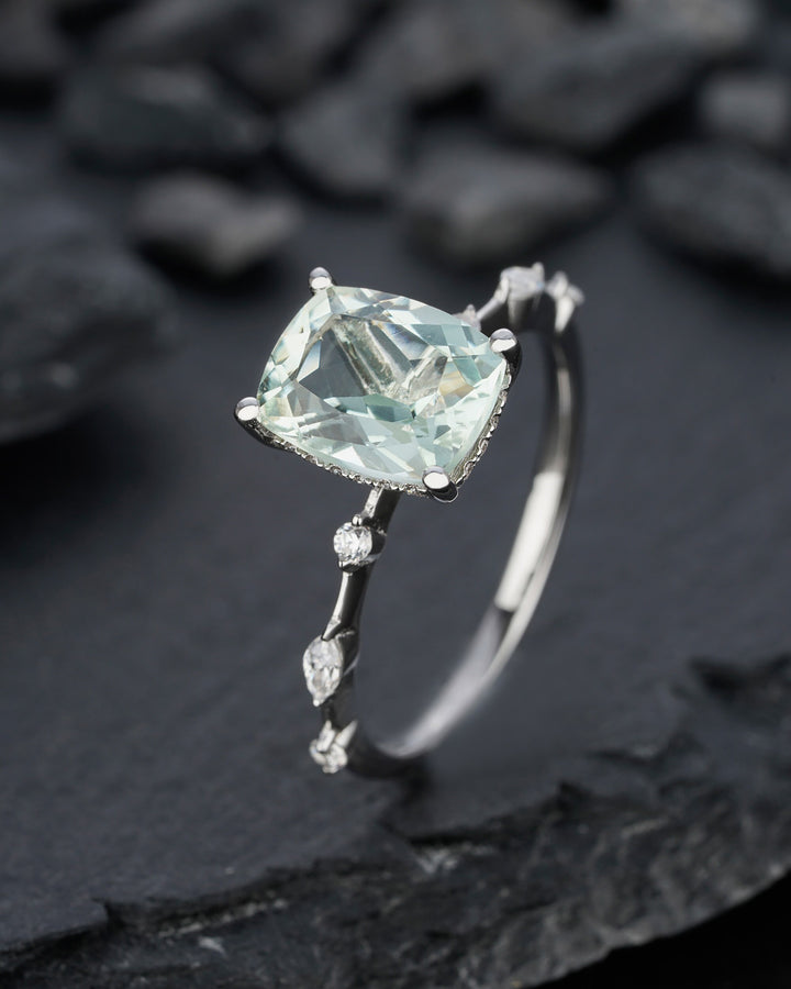 Vintage Cushion Cut Green Crystal Quartz Engagement Ring Unique White Gold Sterling Silver 925 Wedding Promise Anniversary Ring Gift For Her - ShainJewelry