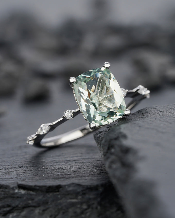 Vintage Cushion Cut Green Crystal Quartz Engagement Ring Unique White Gold Sterling Silver 925 Wedding Promise Anniversary Ring Gift For Her - ShainJewelry