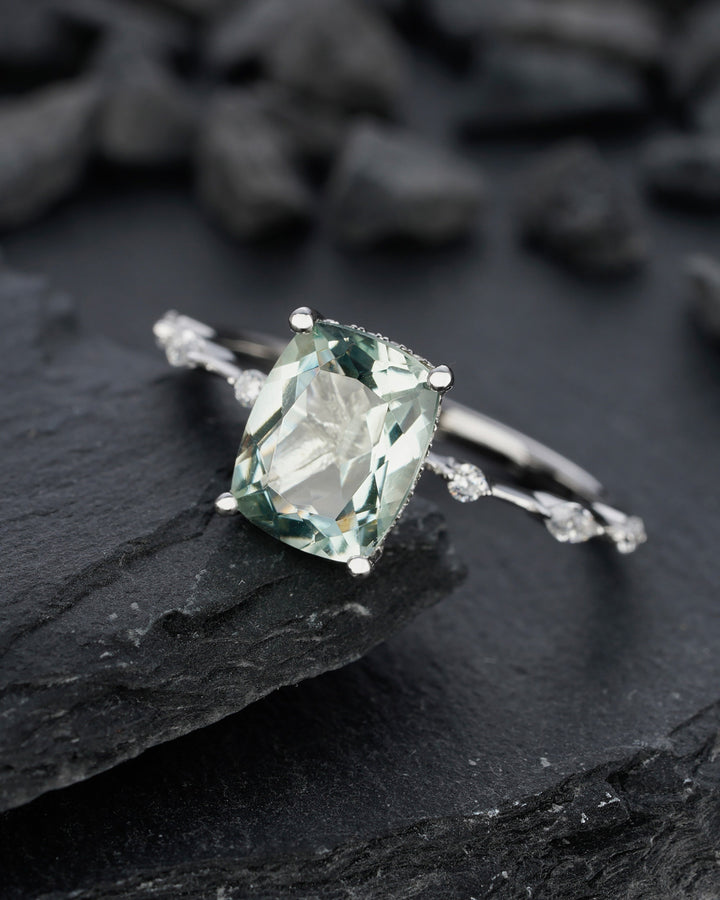 Vintage Cushion Cut Green Crystal Quartz Engagement Ring Unique White Gold Sterling Silver 925 Wedding Promise Anniversary Ring Gift For Her - ShainJewelry
