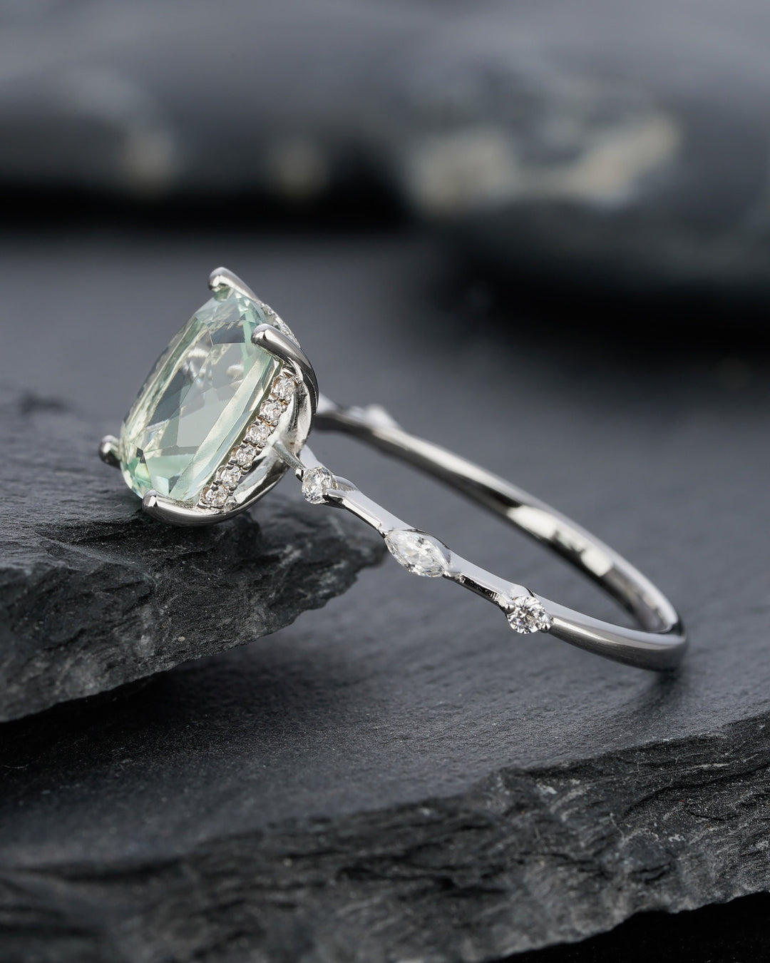 Vintage Cushion Cut Green Crystal Quartz Engagement Ring Unique White Gold Sterling Silver 925 Wedding Promise Anniversary Ring Gift For Her - ShainJewelry