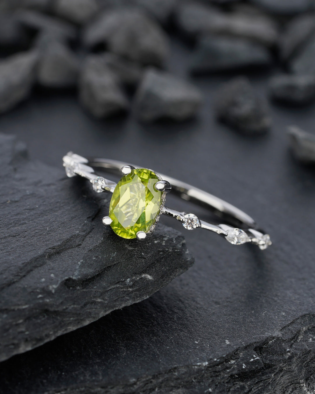 Unique Natural Peridot Engagement Halo Ring, Oval Peridot Wedding Ring, Green August Birthstone Promise Ring, White Gold Anniversary Ring - ShainJewelry