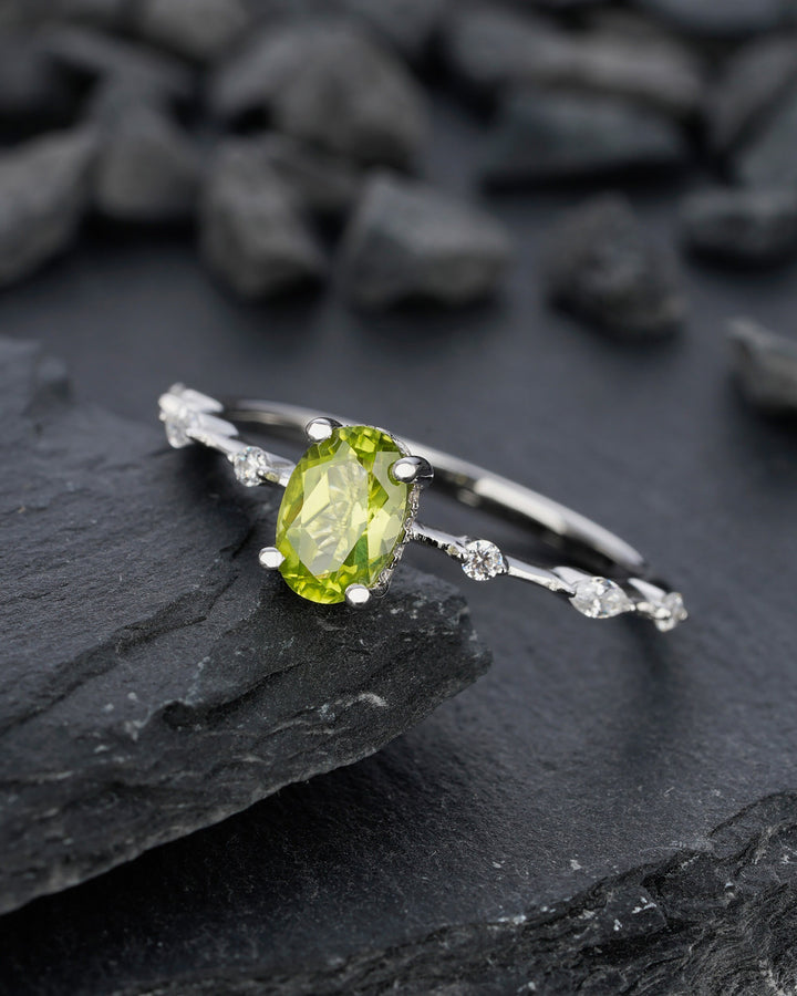 Unique Natural Peridot Engagement Halo Ring, Oval Peridot Wedding Ring, Green August Birthstone Promise Ring, White Gold Anniversary Ring - ShainJewelry