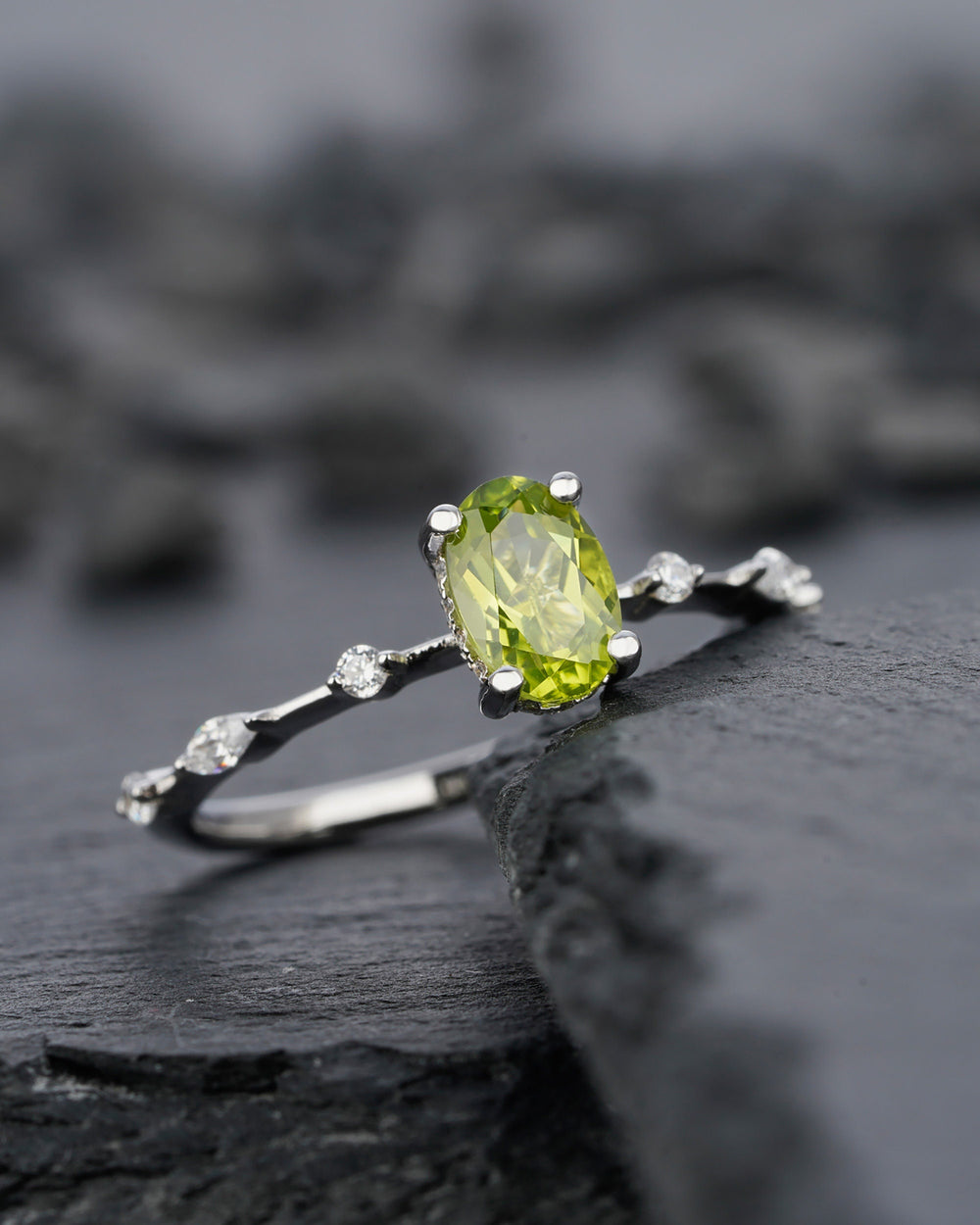 Unique Natural Peridot Engagement Halo Ring, Oval Peridot Wedding Ring, Green August Birthstone Promise Ring, White Gold Anniversary Ring - ShainJewelry