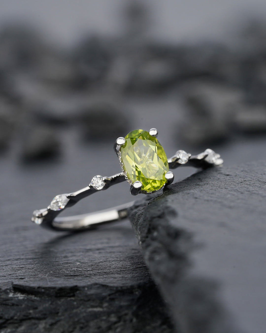 Unique Natural Peridot Engagement Halo Ring, Oval Peridot Wedding Ring, Green August Birthstone Promise Ring, White Gold Anniversary Ring - ShainJewelry