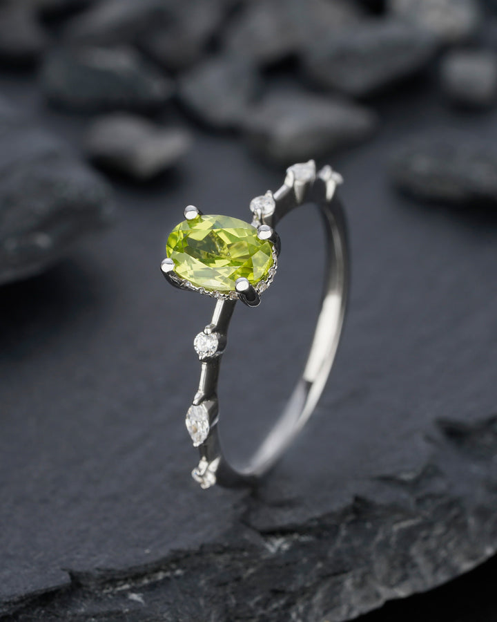 Unique Natural Peridot Engagement Halo Ring, Oval Peridot Wedding Ring, Green August Birthstone Promise Ring, White Gold Anniversary Ring - ShainJewelry