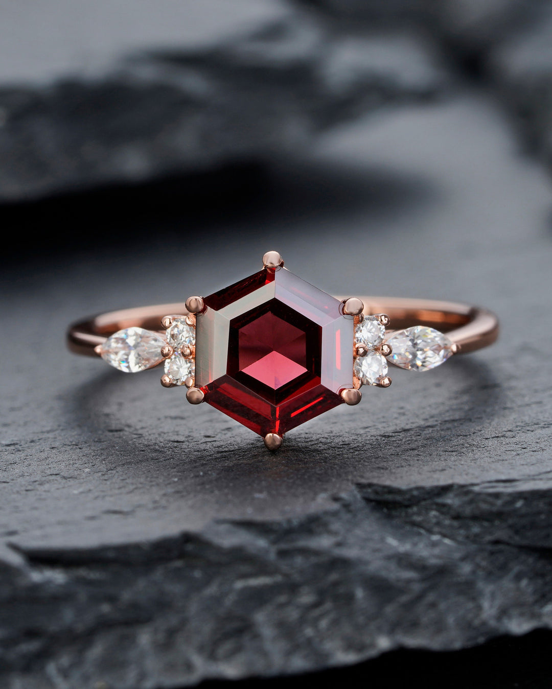 Hexagon Red Garnet Engagement Ring, Vintage Garnet and Diamond Ring 14K Rose Gold Garnet Ring,Dainty Garnet Anniversary Promise Ring for Her - ShainJewelry