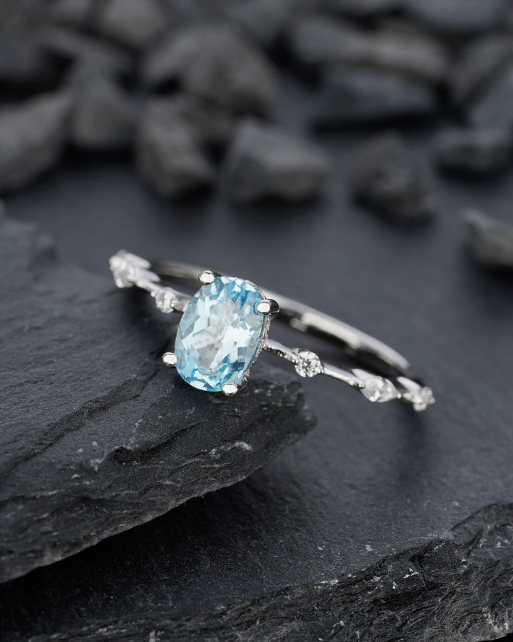 Unique Natural Oval Topaz Engagement Ring, Swiss Blue Topaz Hidden Halo Promise Ring, 14k White Gold /Silver 925 Anniversary Wedding Ring - ShainJewelry