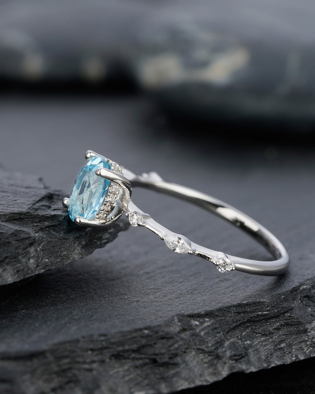 Unique Natural Oval Topaz Engagement Ring, Swiss Blue Topaz Hidden Halo Promise Ring, 14k White Gold /Silver 925 Anniversary Wedding Ring - ShainJewelry
