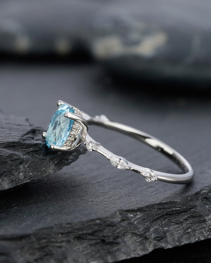 Unique Natural Oval Topaz Engagement Ring, Swiss Blue Topaz Hidden Halo Promise Ring, 14k White Gold /Silver 925 Anniversary Wedding Ring - ShainJewelry