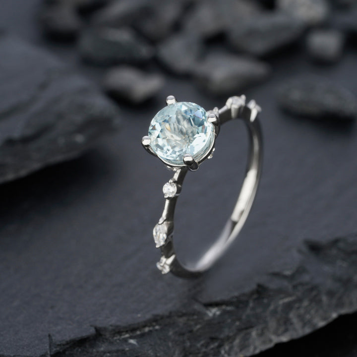 Vintage Natural Blue Aquamarine Engagement Ring, Round Cut March Birthstone 14k White Gold Anniversary Ring Unique Promise Wedding Ring Gift - ShainJewelry
