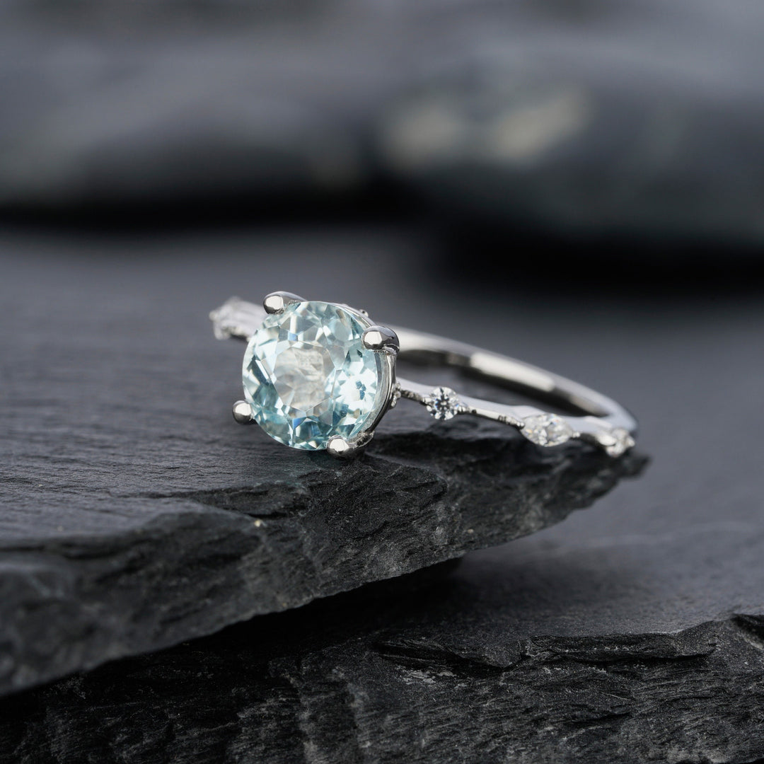 Vintage Natural Blue Aquamarine Engagement Ring, Round Cut March Birthstone 14k White Gold Anniversary Ring Unique Promise Wedding Ring Gift - ShainJewelry