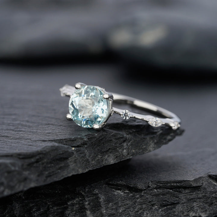 Vintage Natural Blue Aquamarine Engagement Ring, Round Cut March Birthstone 14k White Gold Anniversary Ring Unique Promise Wedding Ring Gift - ShainJewelry