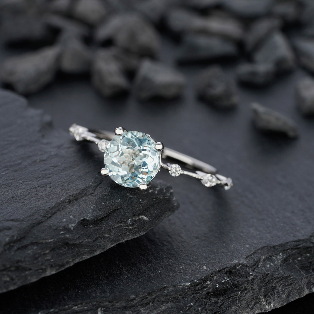 Vintage Natural Blue Aquamarine Engagement Ring, Round Cut March Birthstone 14k White Gold Anniversary Ring Unique Promise Wedding Ring Gift - ShainJewelry