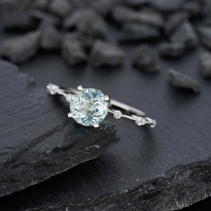 Vintage Natural Blue Aquamarine Engagement Ring, Round Cut March Birthstone 14k White Gold Anniversary Ring Unique Promise Wedding Ring Gift - ShainJewelry