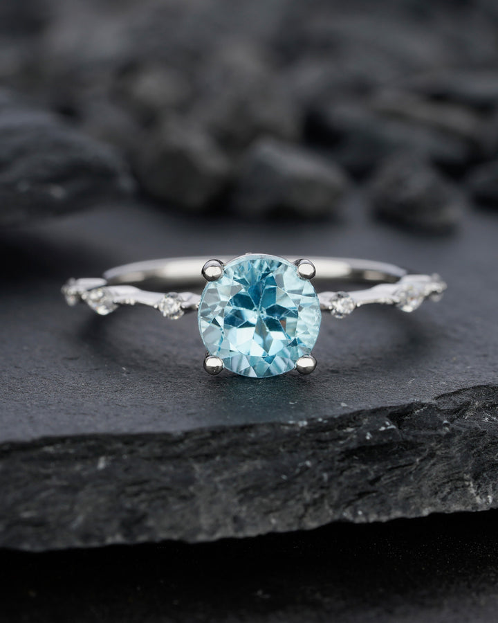 Natural Sky Blue Topaz Engagement Ring Round Cut November Birthstone 14k White Gold /Silver Anniversary Promise Wedding Meaningful Gift - ShainJewelry