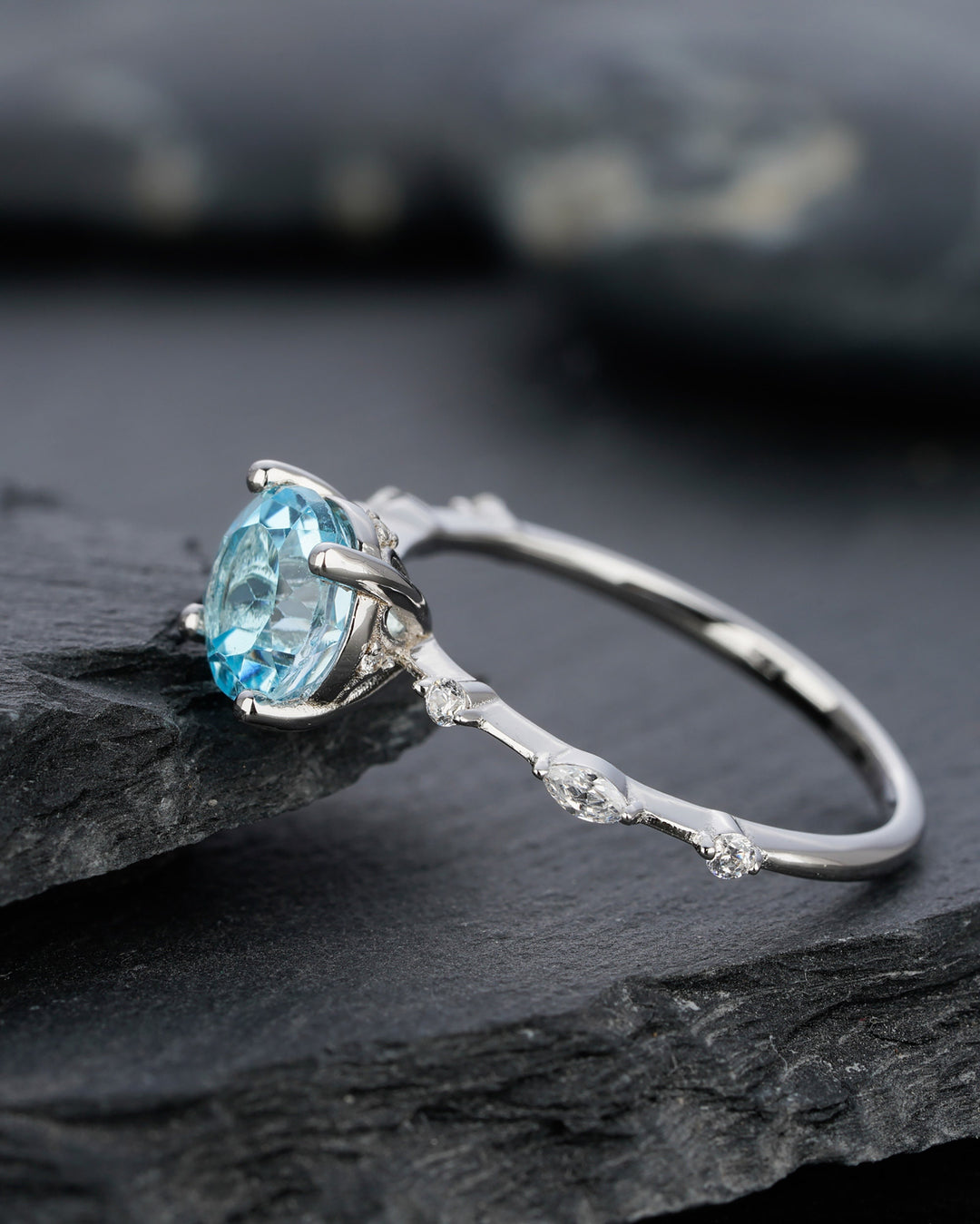 Natural Sky Blue Topaz Engagement Ring Round Cut November Birthstone 14k White Gold /Silver Anniversary Promise Wedding Meaningful Gift - ShainJewelry