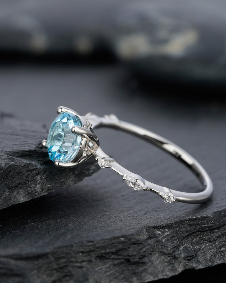 Natural Sky Blue Topaz Engagement Ring Round Cut November Birthstone 14k White Gold /Silver Anniversary Promise Wedding Meaningful Gift - ShainJewelry