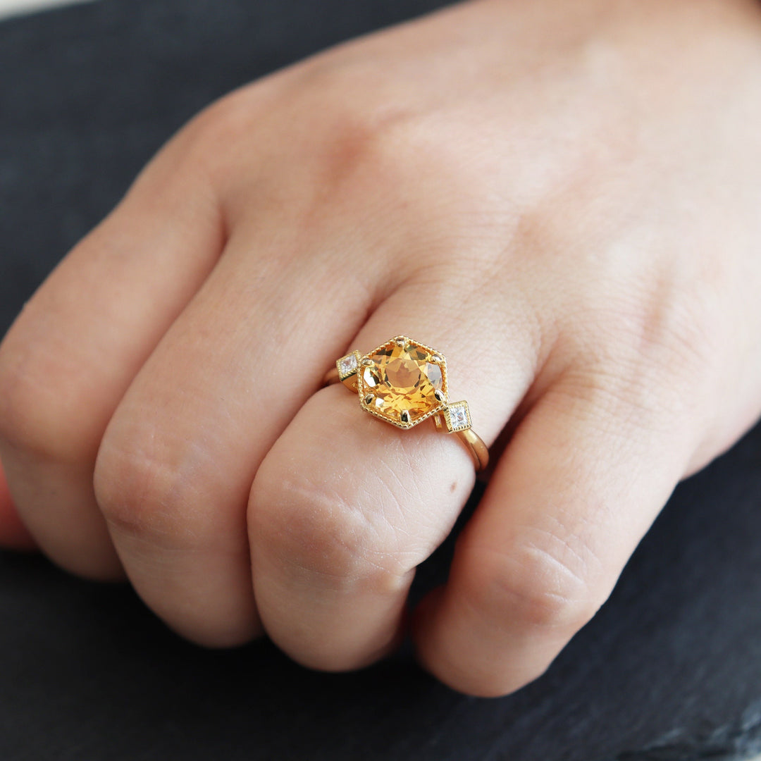 Vintage Hexagonal Citrine Engagement Ring, 14K Yellow Gold November Birthstone Silver Promise Wedding Ring Anniversary Gift for Mom Women - ShainJewelry