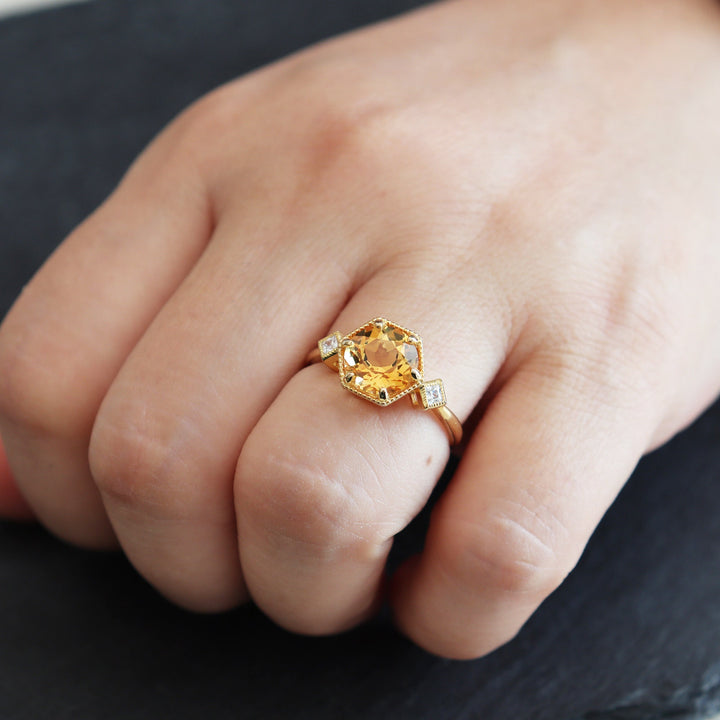 Vintage Hexagonal Citrine Engagement Ring, 14K Yellow Gold November Birthstone Silver Promise Wedding Ring Anniversary Gift for Mom Women - ShainJewelry